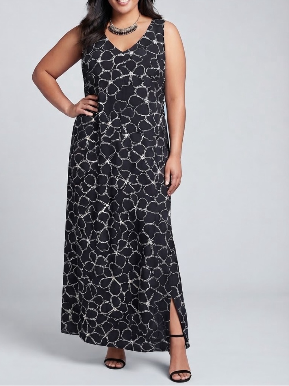 JOE FRESH Black and White Floral Sleeveless Maxi Dress 1X
